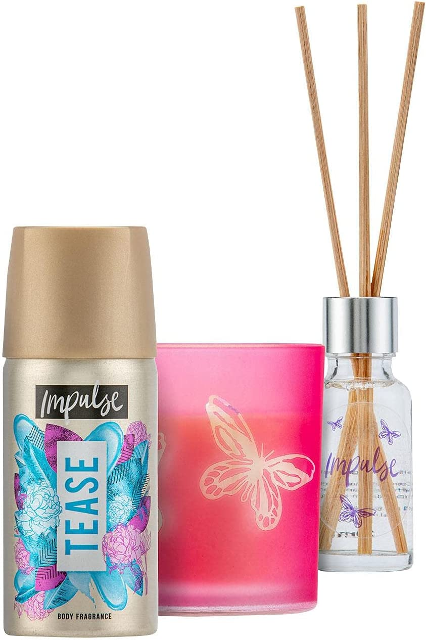 impulse room fragrance favourite tease bodyspray + gift set with impulse fragrance diffuser 25 ml & scented candle