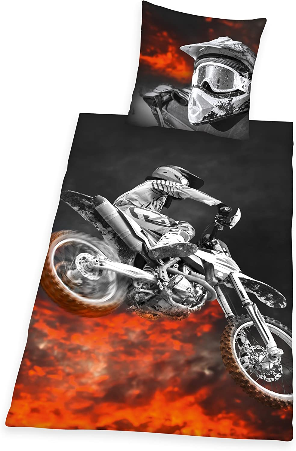 young collection bedding set, reversible motif motocross, duvet cover 135 x 200 cm, pillow case 80 x 80 cm, polyester