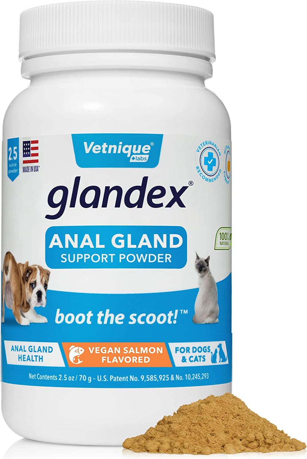 glandex dog & cat anal gland sac fiber supplement powder with pumpkin, digestive enzymes & probiotics – vet recommended healthy bowels & digestion boot the scoot by (vegan salmon, 70g)