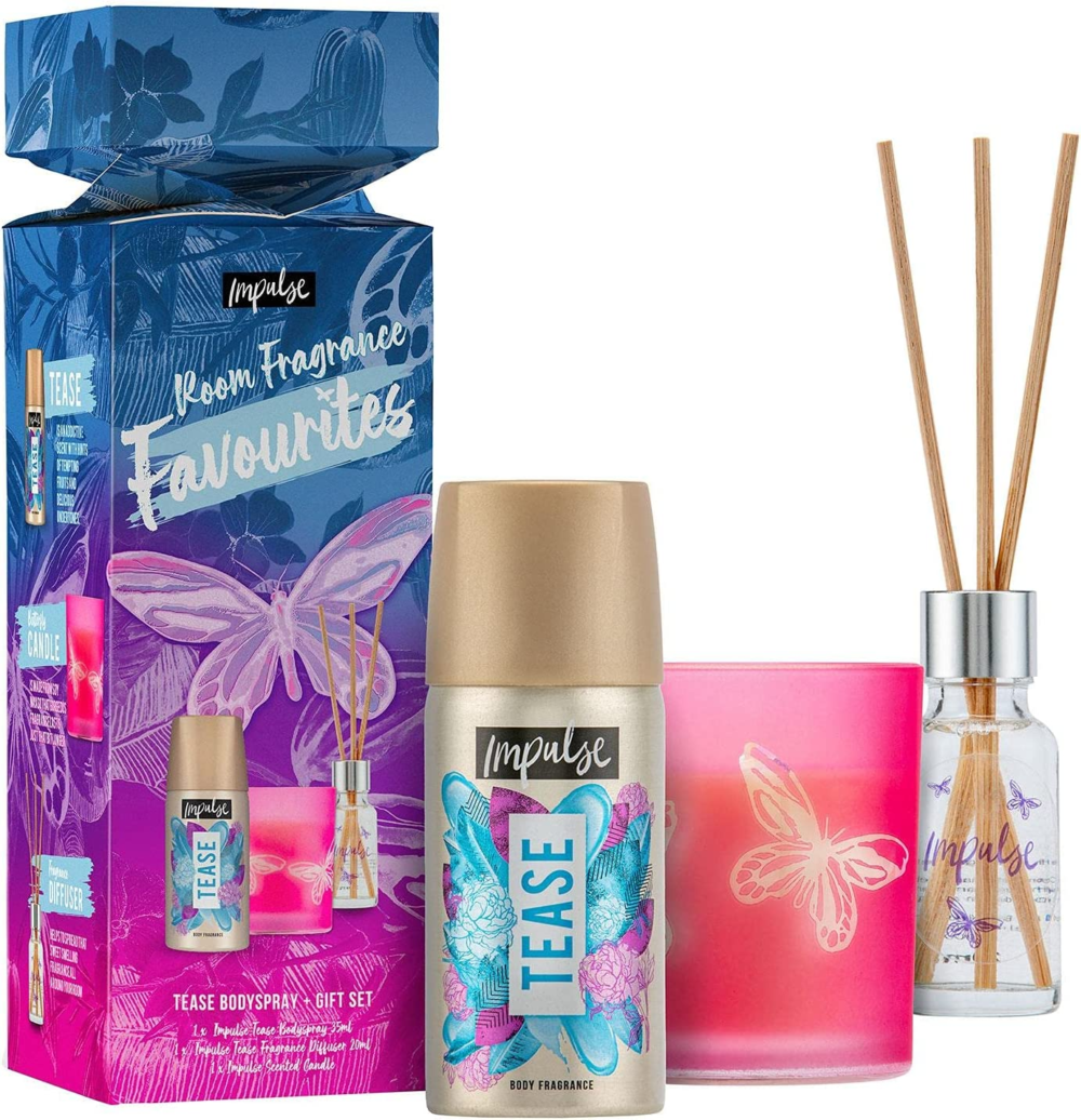 impulse room fragrance favourite tease bodyspray + gift set with impulse fragrance diffuser 25 ml & scented candle