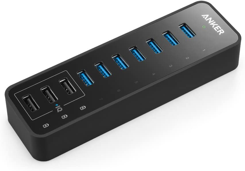 10 port 60w data hub with 7 usb 3.0 ports and 3 poweriq charging ports for macbook, mac pro/mini, imac, xps, surface pro, iphone 7, 6s plus, ipad air 2, galaxy series, mobile hdd, and more