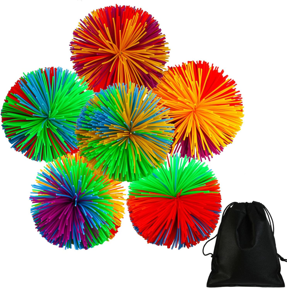 6 pieces colorful monkey stringy balls 2.75 inches sensory fidget toy stress balls rainbow pom ball active toys with drawstring bag