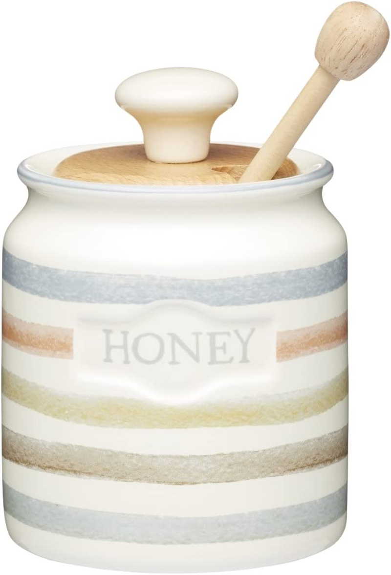 class collection striped ceramic honey pot with wooden dipper, 450 ml (16 fl oz), 8 x 8.5 x 13 cm