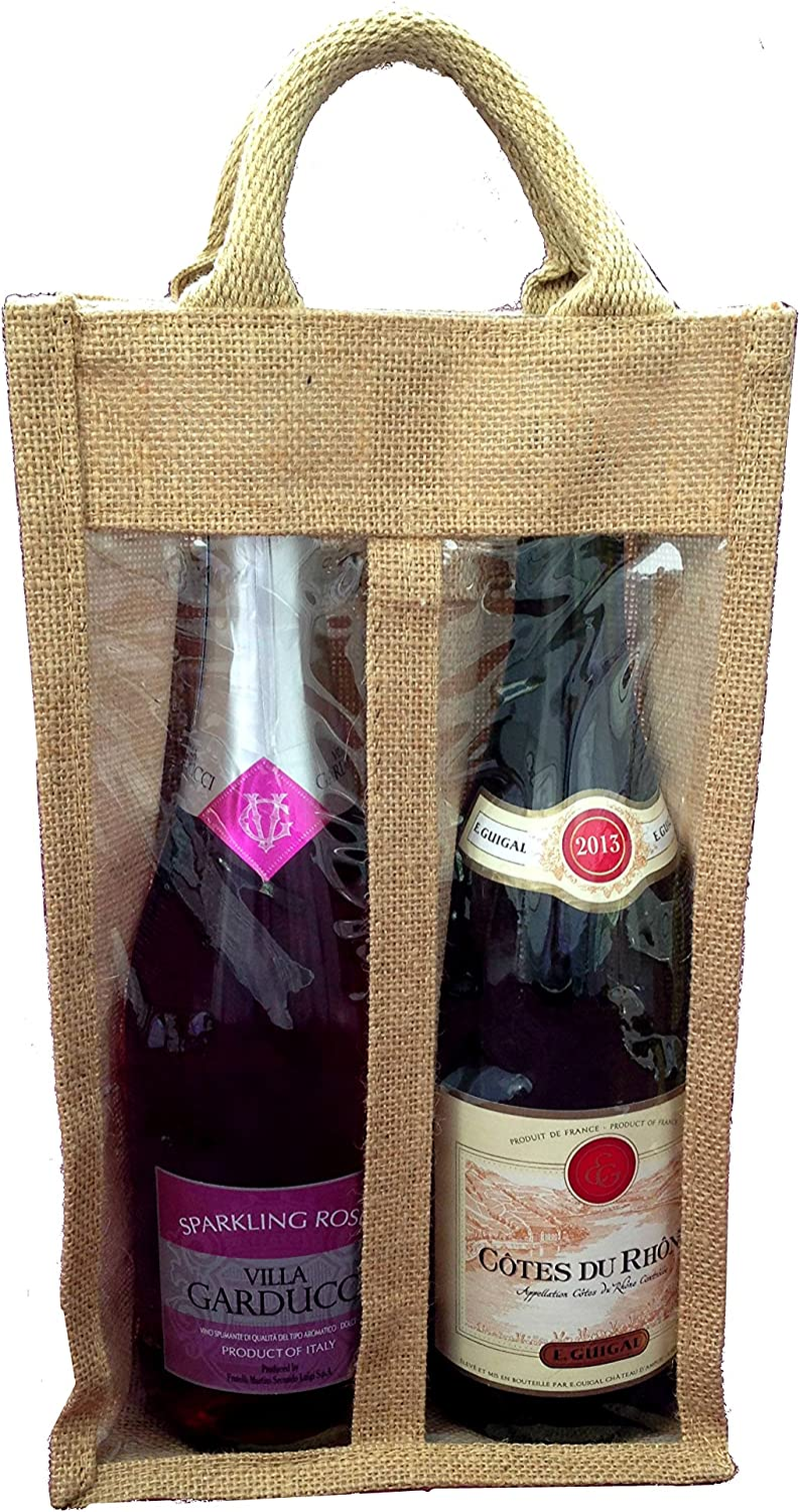 jute hessian double window 2 bottle wine carrier bag