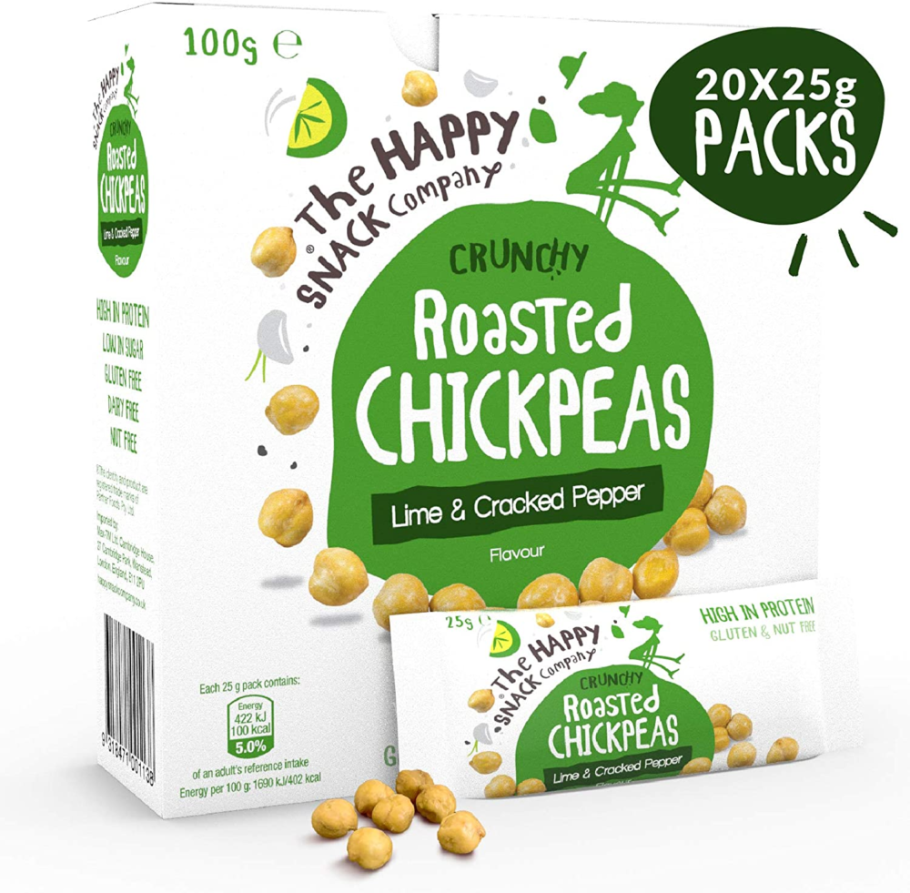 roasted chickpeas, lime & cracked pepper flavour healthy snacks, high protein, gluten free tasty snacks, vegan, 100 calories, 25g portion, pack of 20