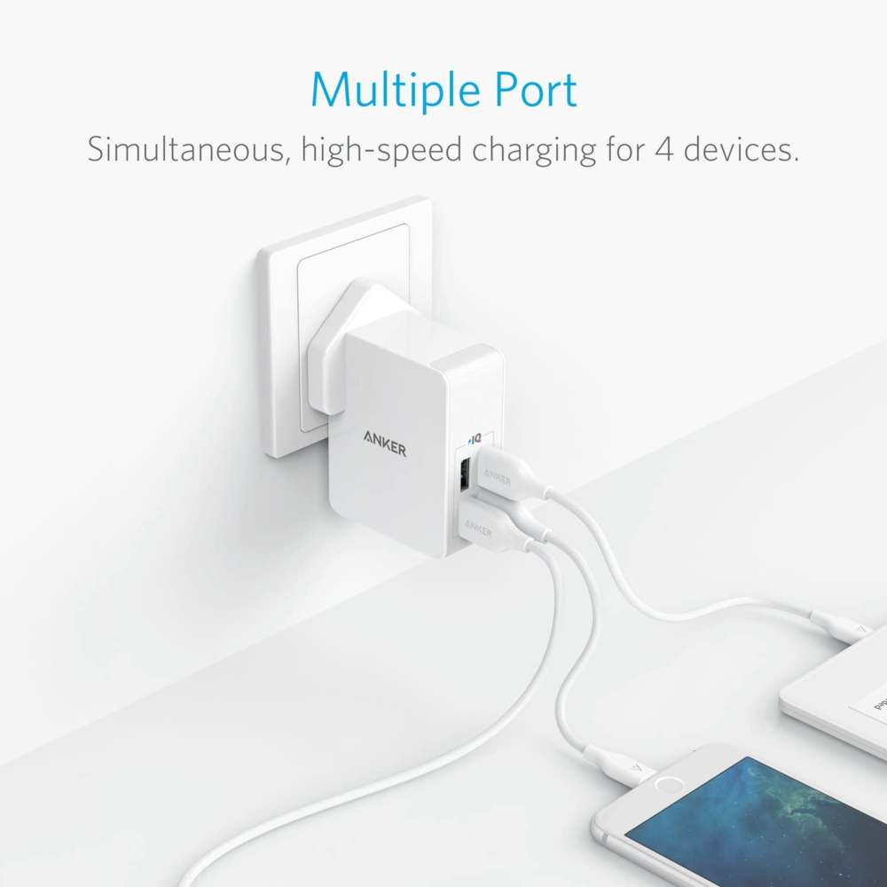 usb plug charger 5.4a/27w 4 port usb wall charger, powerport 4 lite with interchangeable uk and eu travel charger, adapter for iphone xs/xs max/xr/x/8,galaxy s8/note 3,ipad air 2/mini 3,and more