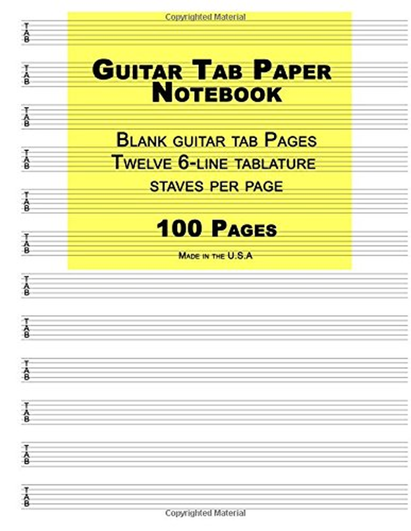 guitar tab paper: yellow cover ,blank guitar tab paper notebook featuring twelve 6 line tablature staves per page with a "tab" clef, 8.5 x 11, durable cover, perfect binding