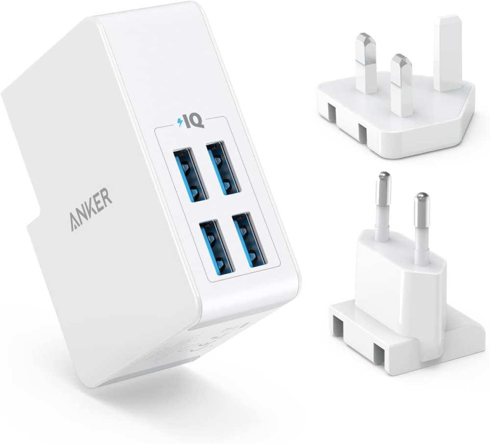 usb plug charger 5.4a/27w 4 port usb wall charger, powerport 4 lite with interchangeable uk and eu travel charger, adapter for iphone xs/xs max/xr/x/8,galaxy s8/note 3,ipad air 2/mini 3,and more