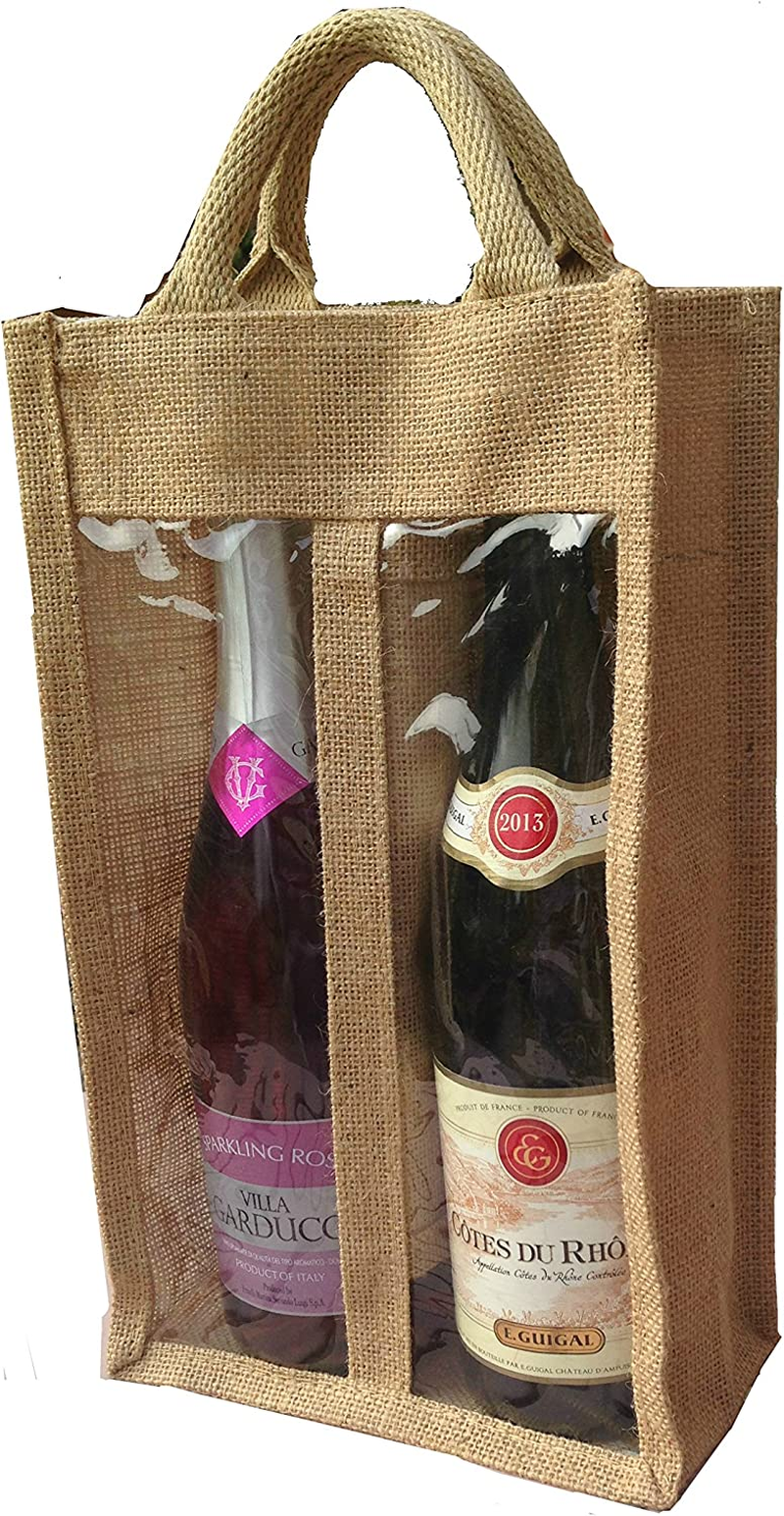 jute hessian double window 2 bottle wine carrier bag