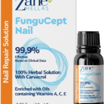 fungucept nail repair solution. helps nails grow healthy. helps new nail grow free of infection. stops discoloration, thickening, crumble, brittle and cracked nails. 100% natural ingredients. 10 ml.