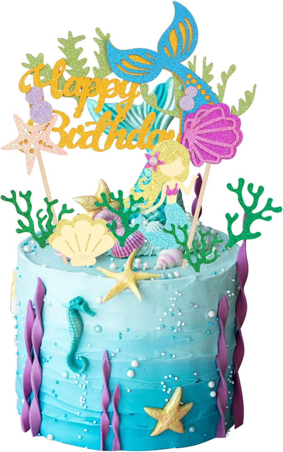 mermaid cake topper,7 pieces birthday cake decorations with seaweed and mermaid,happy birthday cake decoration for baby shower party supplies