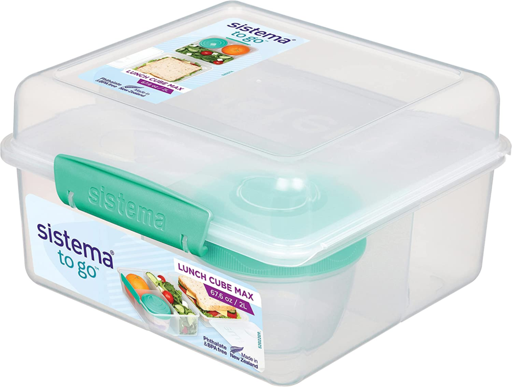 to go lunch box cube max | 2 l bento box style food container with dividers & leak proof yoghurt pot | bpa free | assorted colours