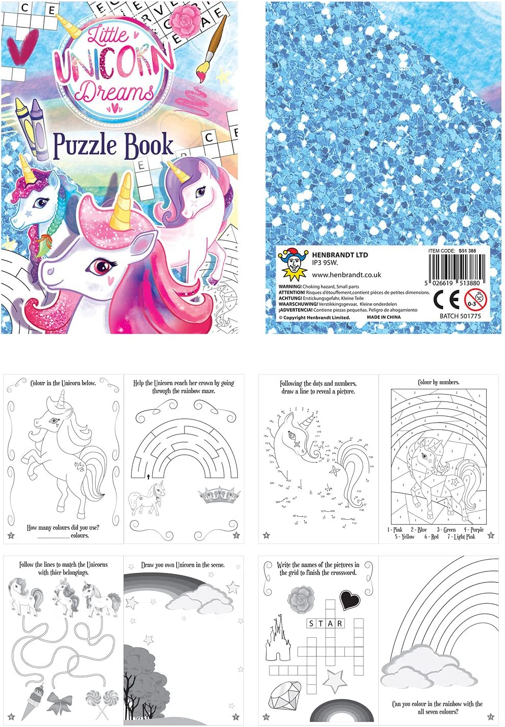 henbrandt mini unicorn fun children's kids activity colouring puzzle book, 12 count (pack of 1)