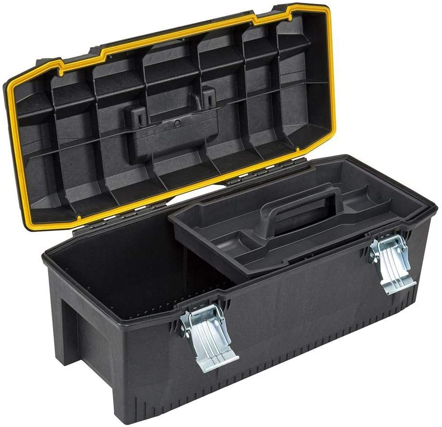 fatmax waterproof toolbox storage with heavy duty metal latch, portable tote tray for tools and small parts, 28 inch, 1 93 935
