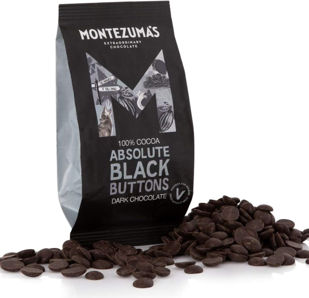 montezuma's absolute black, 100% cocoa, dark chocolate buttons, gluten free & naturally vegan, 180g bag