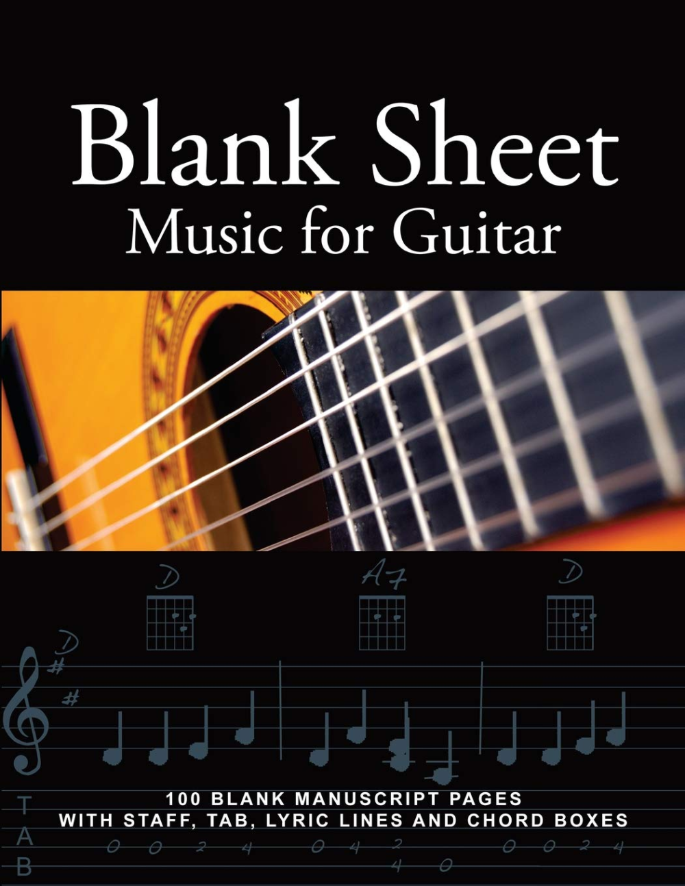 blank sheet music for guitar: 100 blank manuscript pages with staff, tab, lyric lines and chord boxes