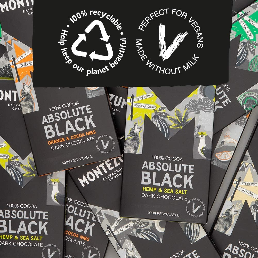 montezuma's absolute black bar library, 100% cocoa, dark chocolate bars in various flavours, gluten free & naturally vegan, 5 x 90g bars (450g total)